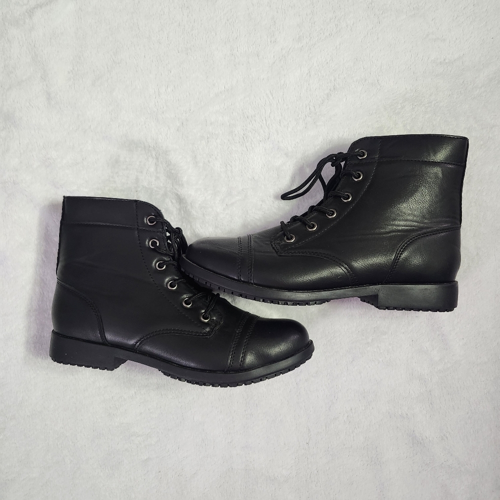 TREDSAFE Oil Slip Resistant Black Faux Leather Lace-Up Zip Up Ankle Boots‎  6.5